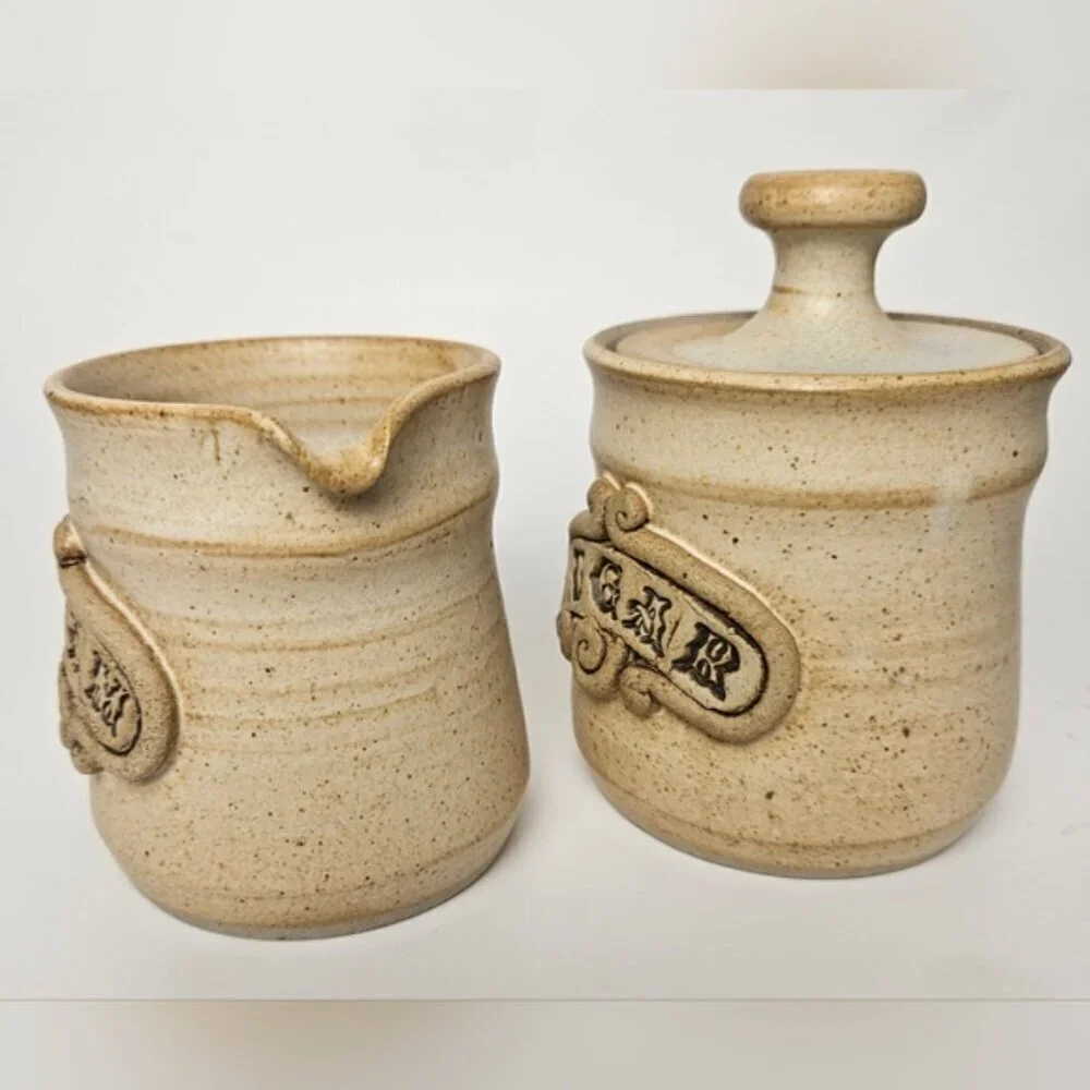 Vintage Set Of Cream Jug & Sugar Pot - Toffee Brown Stoneware Ceramic Pottery